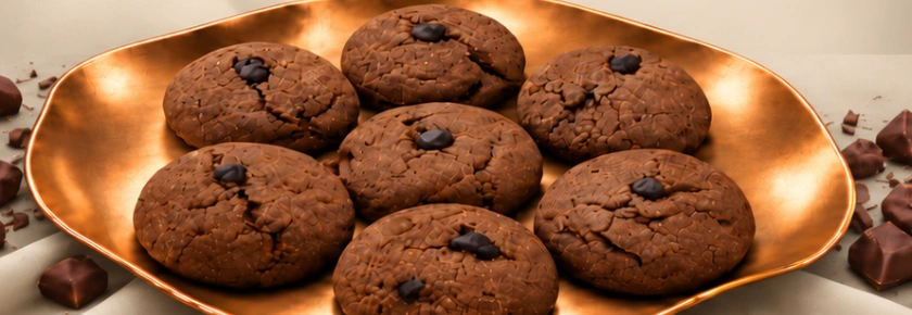 Double Choco Chip Cookies on a metallic platter